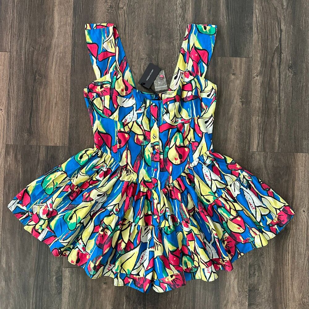 NWT Vanessa Mooney The Elisabeth Romper Silk 80s Print Abstract Lily Size Large